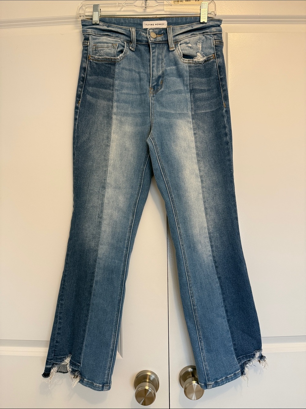 Flying Monkey Two-Tone Blue Flare Jeans with Frayed Hem